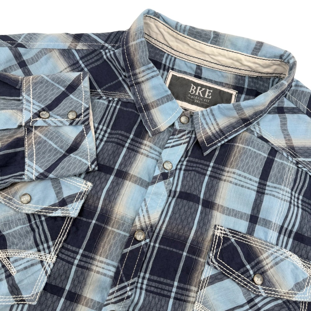 BKE Button Down Men 3XL Blue Plaid Athletic Fit Textured Western Snap Shirt